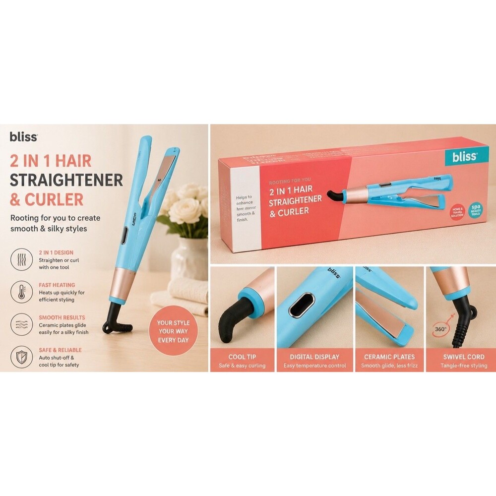 Bliss 2 in 1 Hair Straightener & Curler LIght Blue Ceramic Home And Travel